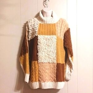 Y2K Chunky Textured Hand Knit Turtleneck Sweater Patchwork